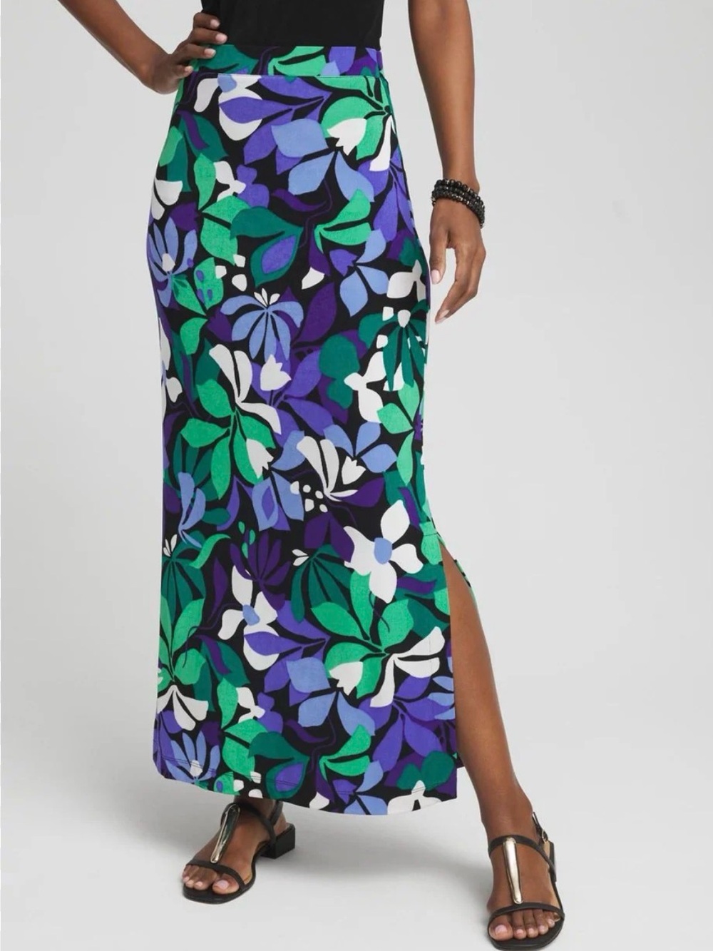 Chico’s Travelers Bold Floral Print Maxi Skirt